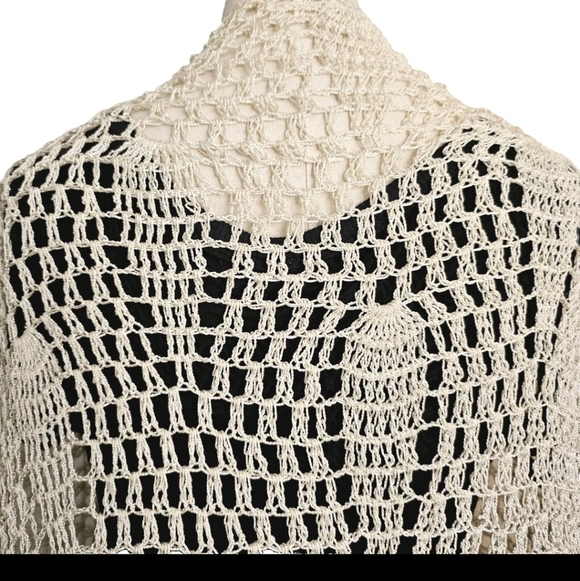 Handmade Unique Design Beige Ivory Fringe Neutral Crochet Wrap  Shawl,  One Size - Picture 6 of 6